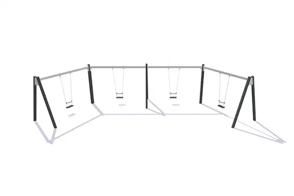 Portique semi circulaire, 4 sièges plats avec barre de retenue. Poteau en robinier. Hauteur 2,40m ELVERDAL