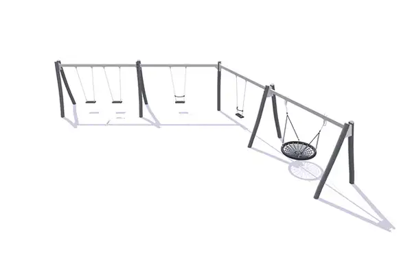 Portique balançoire combiné, 2 sièges plats, 2 sièges plats avec barre de retenue et nid. Poteau en robinier. Hauteur 2,10m ELVERDAL