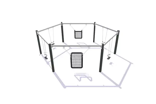 Portique balançoire hexagonal, 4 sièges plats avec barre de retenue et 2 nacelles PMR. Poteau en chêne. Hauteur 2,10m ELVERDAL