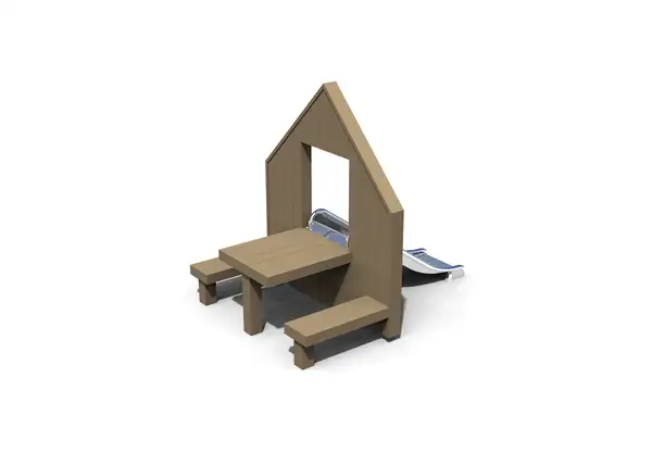 Façade de cabane OLIVIA avec table/assise et toboggan ELVERDAL